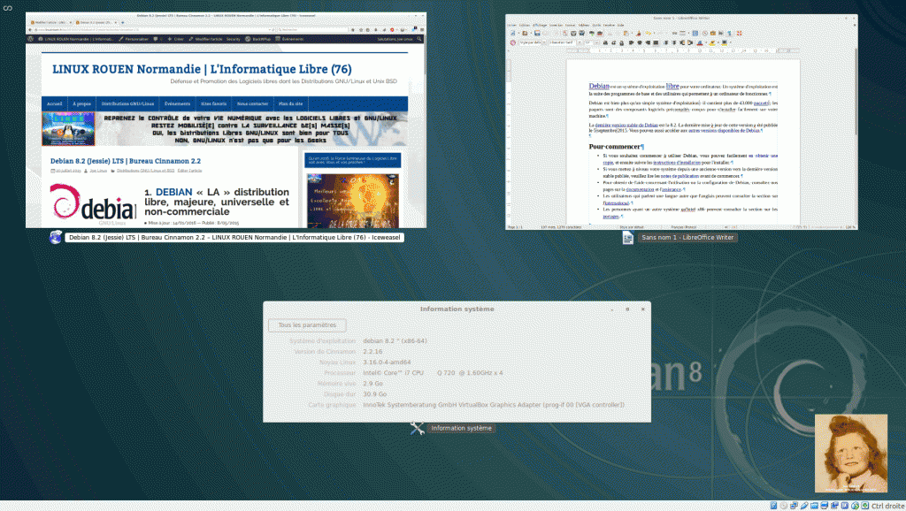 DEBIAN 8 LTS | Cinnamon – Afficher : Toutes les fenêtres actives (bureau actuel) -et- Tous les Espaces de travail