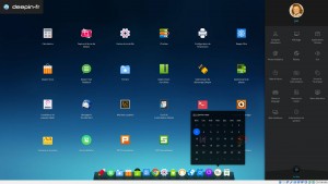 Deepin 15 : Bureau DDE avec son Dock en bas, la liste des Applications ouverte avec le Lanceur et le Centre de contrôle à droite