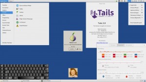 TAILS 2.0 : Menu Applications, Versions de Tor et de Tails, choix du clavier English, le clavier virtuel Florence et le Moniteur Système