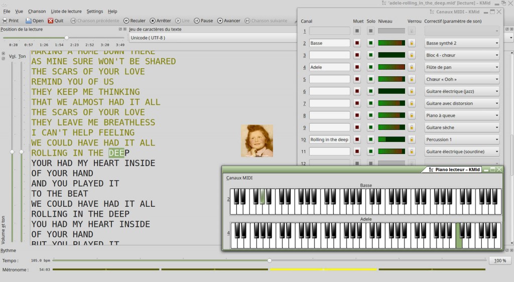 KMid 2.4.0 – Lecteur libre MIDI/Karaoké | Fenêtres Principale + Piano virtuel + Canaux MIDI