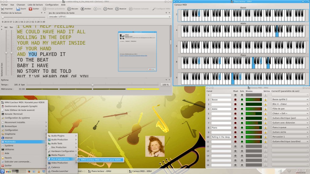KXStudio 14.04 : KMid 2.4 – Lecteur libre MIDI/Karaoké | Fenêtres Principale + Piano virtuel + Canaux MIDI