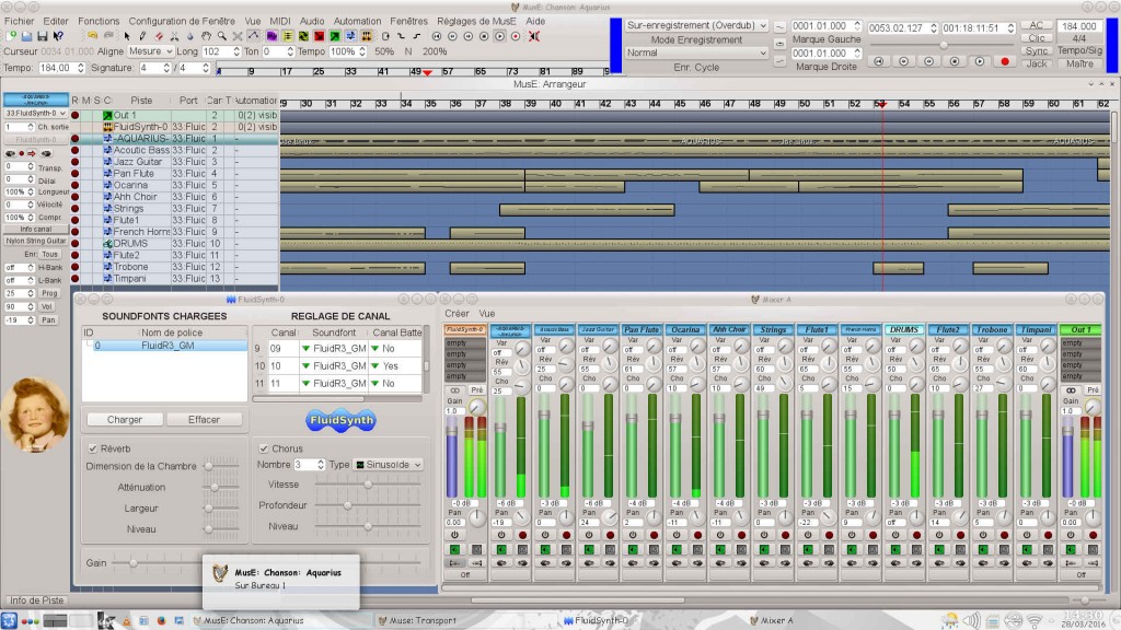 MusE 2.2.1 : Chanson Remix "Aquarius" avec Fenêtres Arrangeur (principale) + Transport + FluidSynth-0 + Mixer A