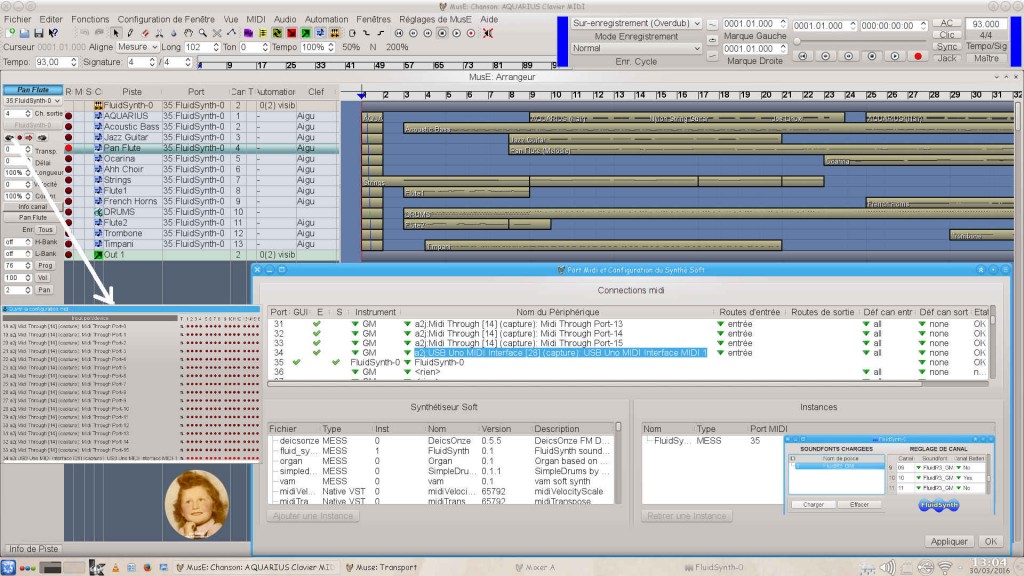 MusE 2.2.1 : Chanson Remix "Aquarius" avec Fenêtres Arrangeur (principale) + Transport + Configuration MIDI + Port MIDI et Configuration Synthé Soft / FluidSynth-0