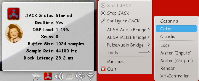 KXStudio 14.04 : Cadence - Icône dans le Tableau de bord avec son Menu et JACK Status