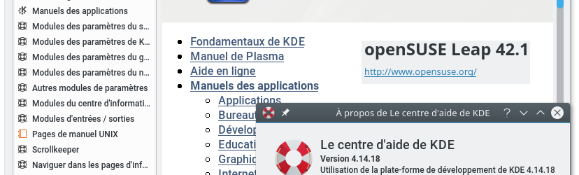 openSUSE Leap 42.1 : Bureau KDE Plasma 5.5.5 – Centre d'aide KDE mais 4.14.18 !
