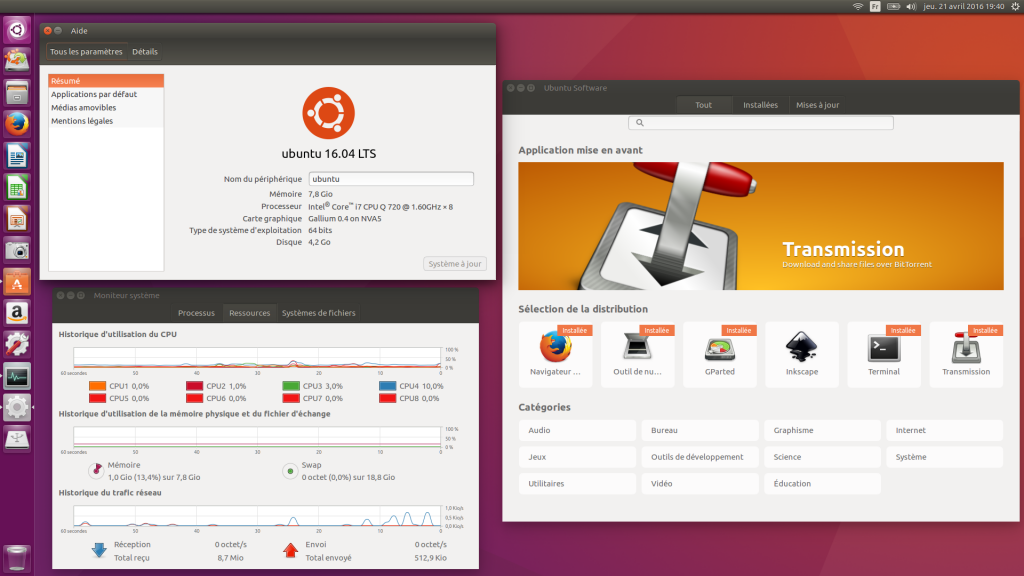 Ubuntu 16.04 LTS : Bureau Unity 7.4 - À propos de ce PC - Moniteur système - Ubuntu Software 3.20.1