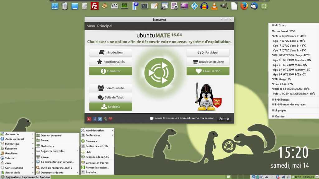 Ubuntu MATE 16.04 LTS : Bureau MATE 1.12.1 avec Tableau de bord et ses 3 Menus (en bas), Fenêtre Bienvenue, dock Plank (en haut) et Psensor (à droite)