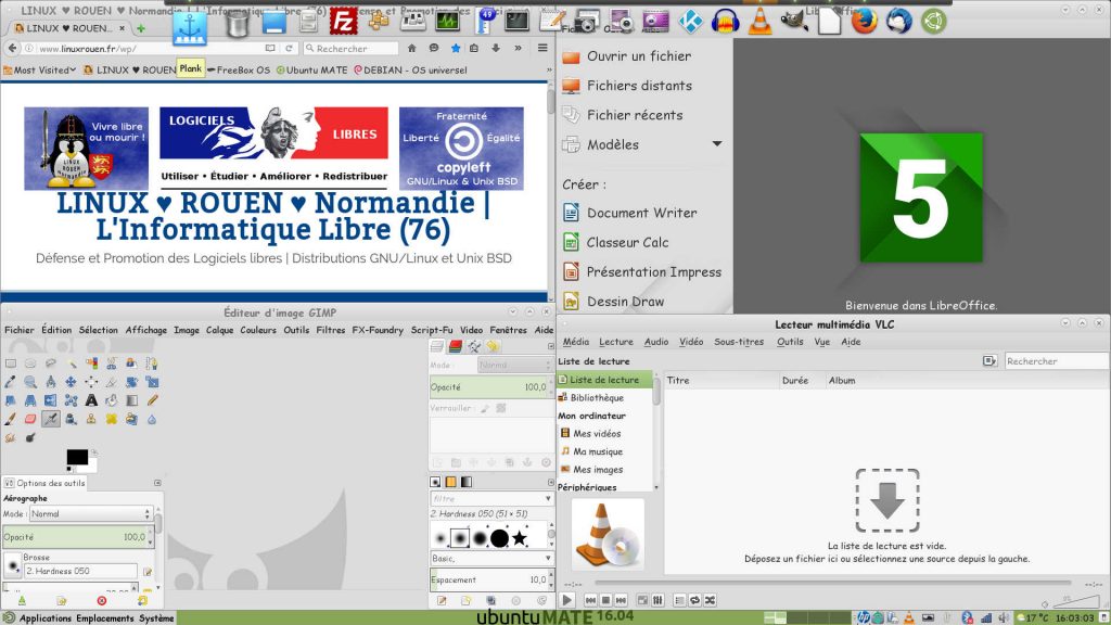 Ubuntu MATE 16.04 LTS : Firefox, LibreOffice, GIMP et VLC avec Plank