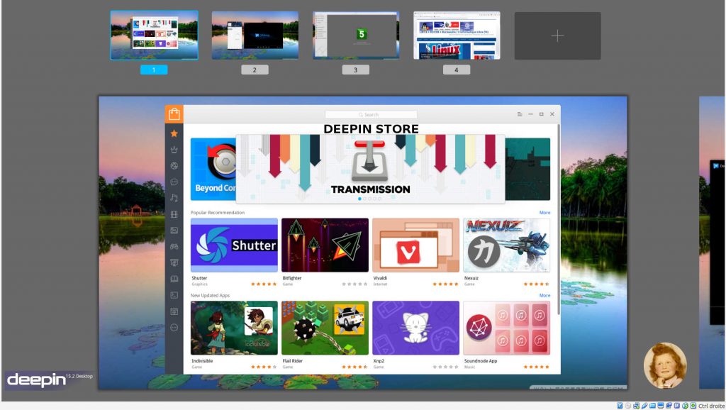 Deepin 15.2 : Vue Multitâche (4 bureaux actifs)