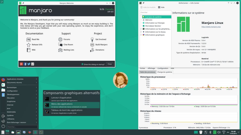 Manjaro Linux 16.06 : Bureau KDE Plasma 5.6.4 avec Menu des applications, Manjaro Welcome, Info Center et Surveillance du système