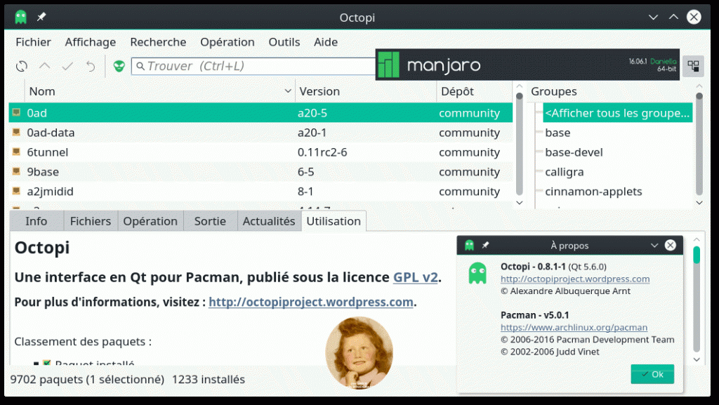 Manjaro Linux 16.06 – Bureau KDE Plasma 5.6.4 : Octopi, le gestionnaire de paquets de logiciels (GIF animé 7s/image)