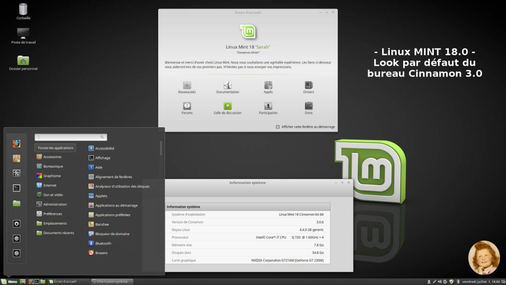 Linux MINT 18.0 : Bureau Cinnamon avec thème Mint-X-Dark par défaut