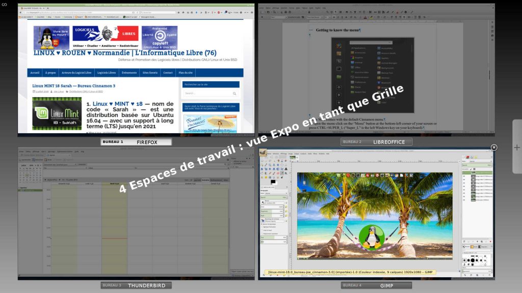 Linux MINT 18.0 Cinnamon : Espaces de travail - 4 bureaux en vue Expo Grille