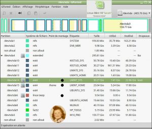 Linux MINT 18.0 : GParted 0.25 - Partitionnement MBR du 1er disque dur (sda) avec 5 systèmes d'exploitation (4 GNU/Linux + 1 Windows)