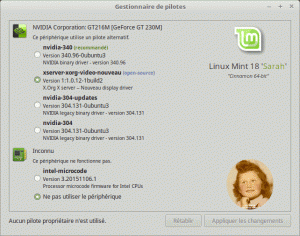 Linux MINT 18.0 Cinnamon : Gestionnaire de pilotes + nVidia X Server Settings (GIF animé)