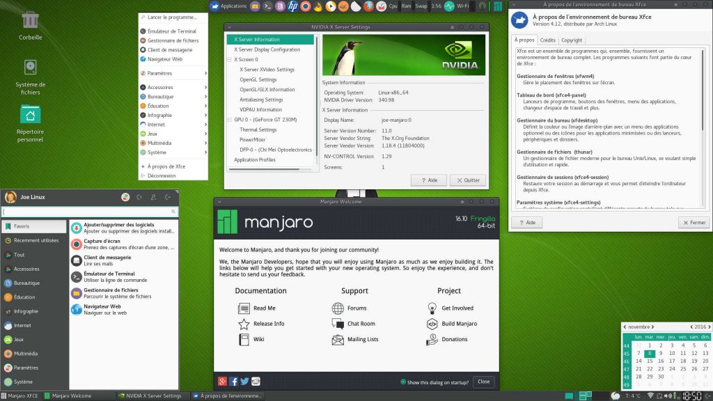 MANJARO Linux 16.10 - Bureau XFCE 4.12 : 2 Tableaux de bord, Menus Whisker et Applications, nVidia X Server Settings, Manjaro Welcome, XFCE Aide et Calendrier