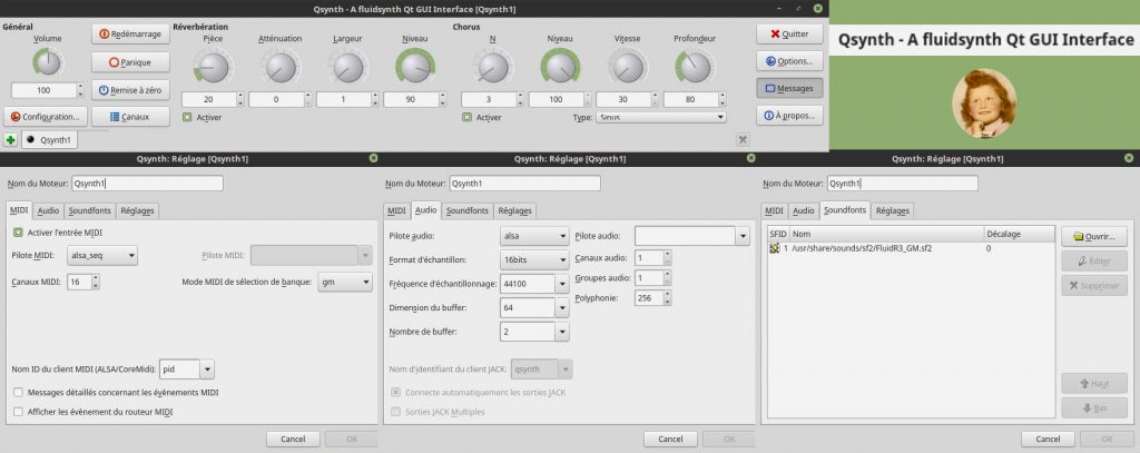 QSynth : une interface graphique de FluidSynth (synthétiseur logiciel - banque de sons au standard GM)