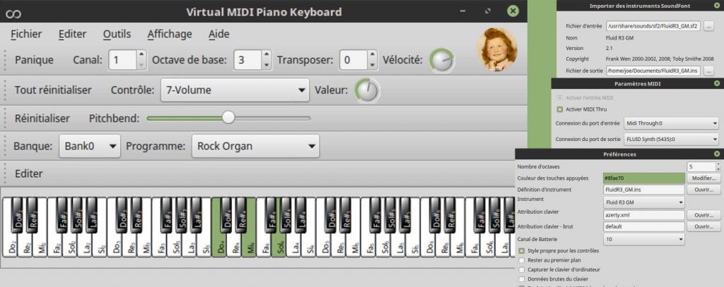 VMPK (Virtual MIDI Piano Keyboard) : un générateur et récepteur d'événements MIDI pour commander un synthétiseur MIDI (matériel ou logiciel, interne ou externe).