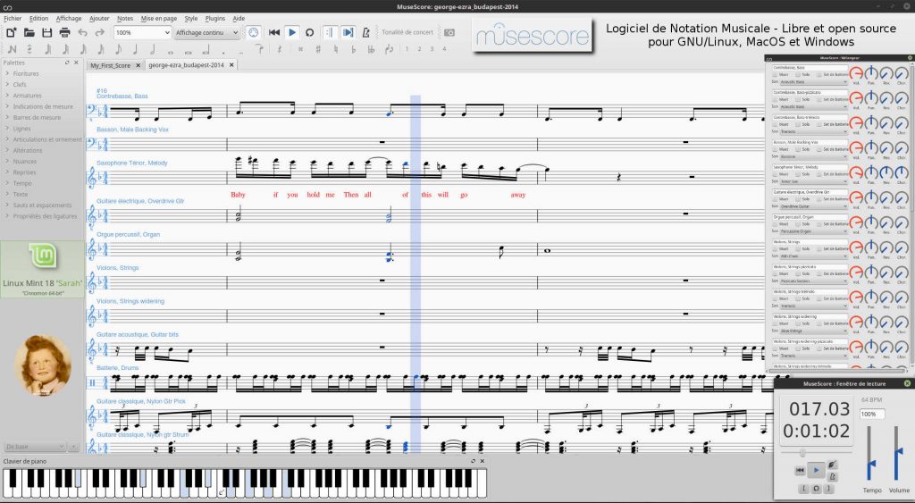 MuseScore 2.x : Logiciel de Notation Musicale libre et multi-plateforme, ici sous GNU/Linux MINT 18, avec la chanson remixée "Budapest" (2014) de George Ezra